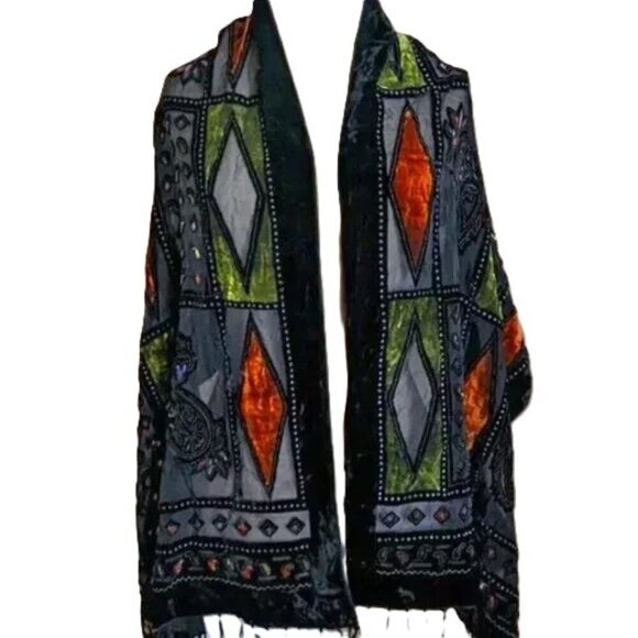 Vintage Scarf Shawl Velvet Fringe Stain Glass Sheer Paisley Festival Boho - Picture 2 of 8